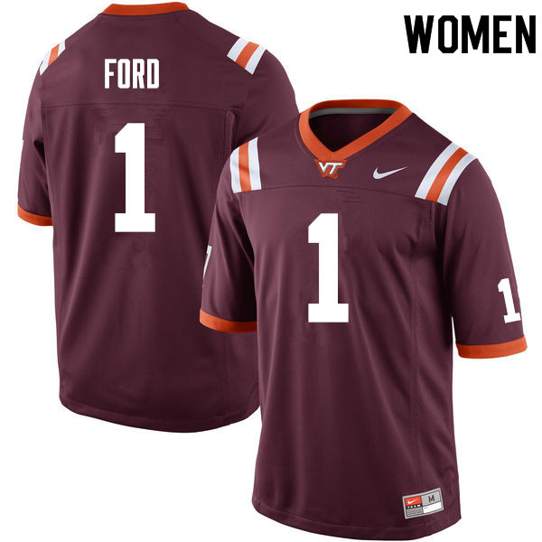 Women #1 Isaiah Ford Virginia Tech Hokies College Football Jerseys Sale-Maroon - Click Image to Close